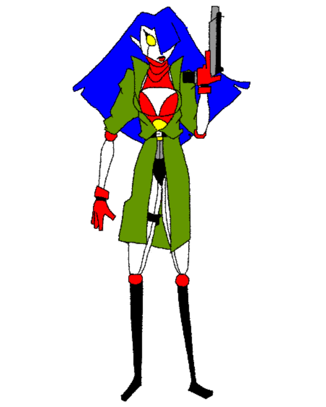 Robot girl with blue hair, wearing a green jacket, red gloves, red bra, and black leggings